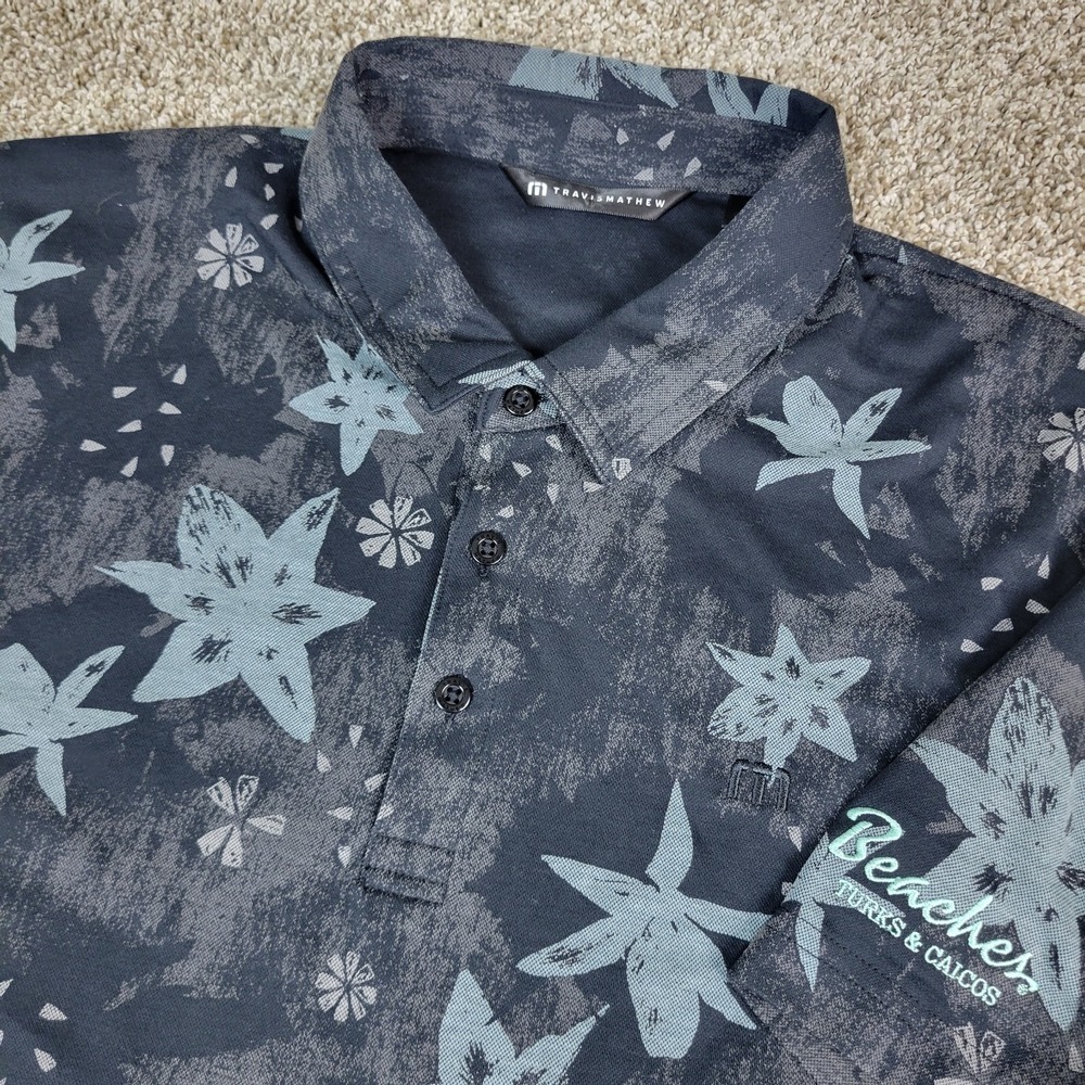 Travis Mathew Mens XL Black AOP Floral Performance Stretch Polo Short Sleeve‎